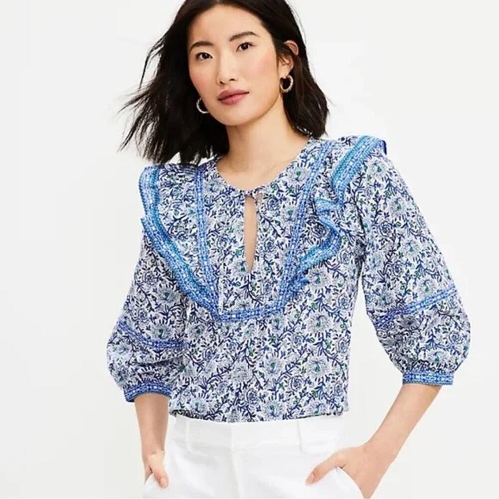 LOFT Women's Blue Floral Ruffle Bib Blouse Boho Cottage Size MP